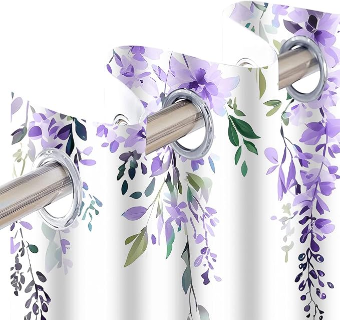 Purple Watercolor Floral Curtains, 52x84 inch, 2 Panels | Botanical Leaves Vine Wisteria Flowers, Rustic Farmhouse, Blackout Window Treatment, For Bedroom Living Room