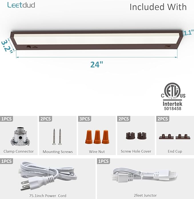Leetdud Under Cabinet Lighting Plug in or Hardwired Built-in Dimmer, 24 Inch 12W, 5CCT 2700/3000/3500/4000/5000K, Linkable Counter Lights for Kitchen, ETL Dimmable LED Light Fixture, Bronze