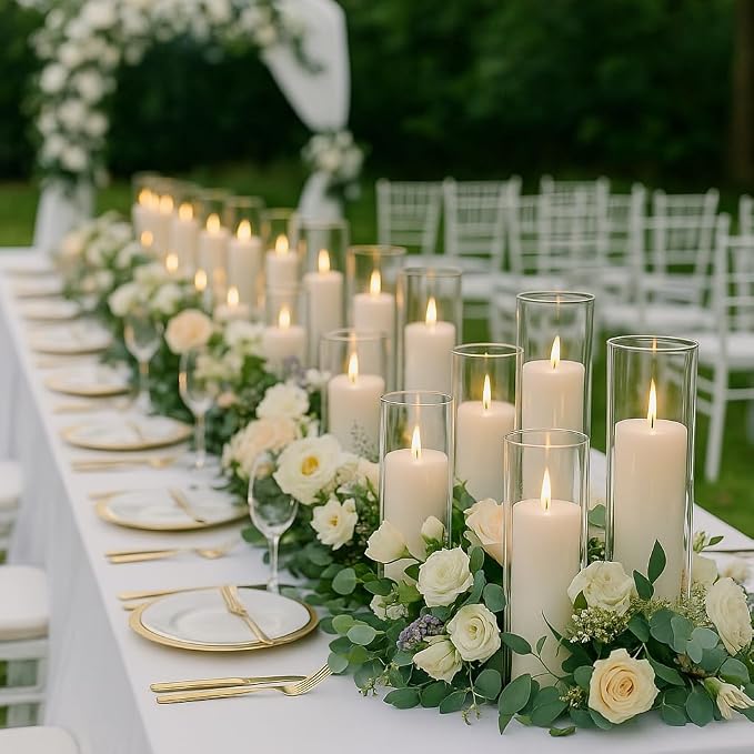 Set of 24 White Pillar Candles with Clear Glass Hurricane Holders- Elegant Cylinder Candle Vases for Weddings, Parties, Centerpieces, Home & Office Decor (White, 24 Set)