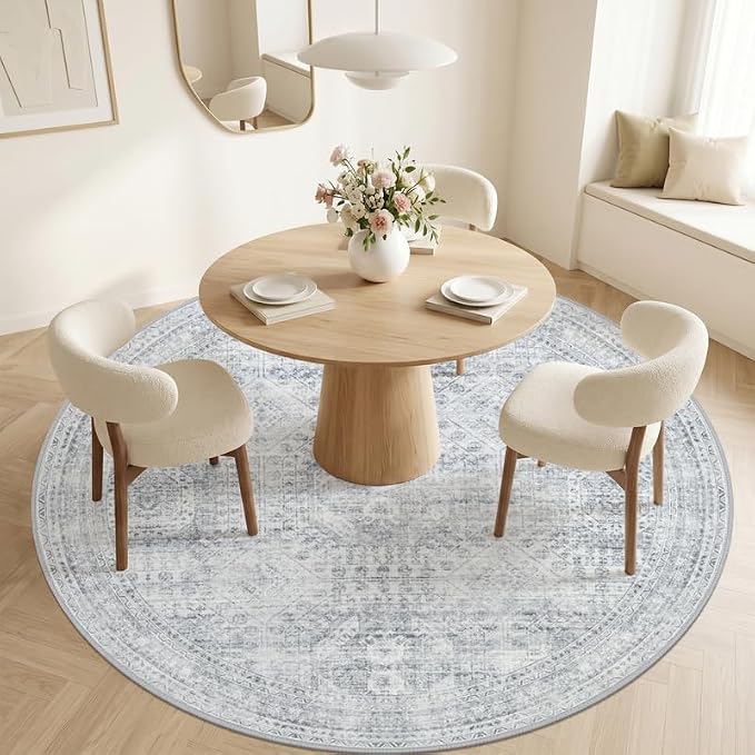 Round Area Rug for Living Room: 8ft Vintage Boho Neutral Washable Circle Rug Soft Large Circular Carpet for Bedroom Nursery Farmhouse Dining Room Office Floor Non-Slip Low Pile Under Table Rug Gray