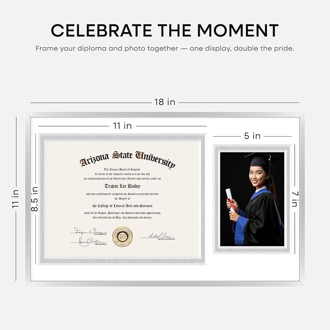 Homeforia 11x18 Silver Diploma Frame with Photo, High End Metal 11 x 18 Certificate Frame with Mat for 8.5x11 Diploma and 5x7 Picture, 18x11 Award Graduation Frames, Tempered Glass, Wall Kit, Set of 2