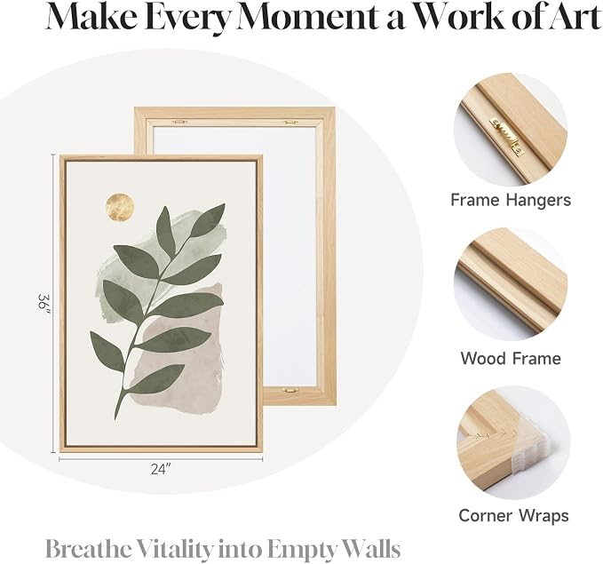 3 Piece Large Framed Abstract Boho Wall Art for Living Room, Minimalist Sage Green Plant Canvas Artwork for Walls, Modern Botanical Leaf Prints Paintings for Bedroom Hallway 24x36 Inch