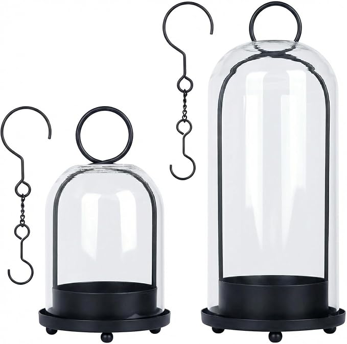 Fohil 5" & 4" Hurricane Glass Candle Holders, Set of 2 Metal Candle Holder with Handmade Sturdy Glass Dome, Candle Lantern for Pillar Candles, Plants, Table Centerpiece, Home Decor