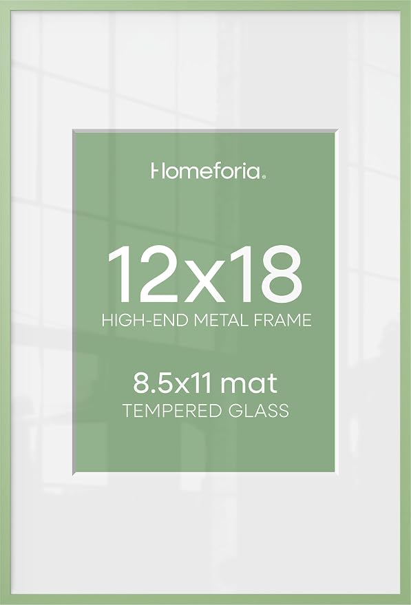 Homeforia 12x18 Picture Frame Sage Green, High End Metal 12x18 Poster Frames with Mat 8.5x11 in Photo, 12 x 18 Sage Green Frame Matted to 8.5 by 11 Art, 18x12 Frame, Tempered Glass, Wall Kit, Set of 2