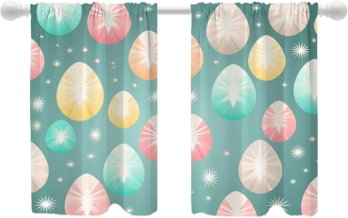 Shrahala Easter Eggs Stars Blackout Curtain Tiers, Colorful Easter Egg Pattern Kitchen Valance Light Blocking Tier Drapes with Rod Pocket, 2 Pack 26 X 36 in