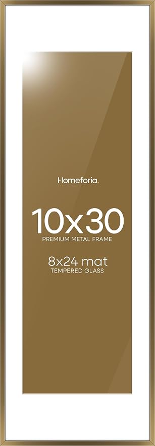 Homeforia 10x30 Picture Frame Bronze, High End Metal 10by30 Brass Poster Frames with Mat 8x24 Photo, 10 x 30 Panoramic Frames Matted to 8 by 24 Print, 30by10 Frames, Tempered Glass, Wall Kit, Set of 3
