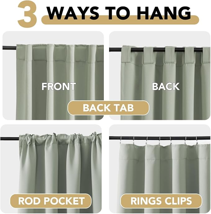 H.VERSAILTEX Back Tab Sage Green Curtains 90 Inch Long for Living Room, Rod Pocket Room Darkening Thermal Insulated Blackout Curtains, 52 x 90 Inch, Light Sage, 2 Panels