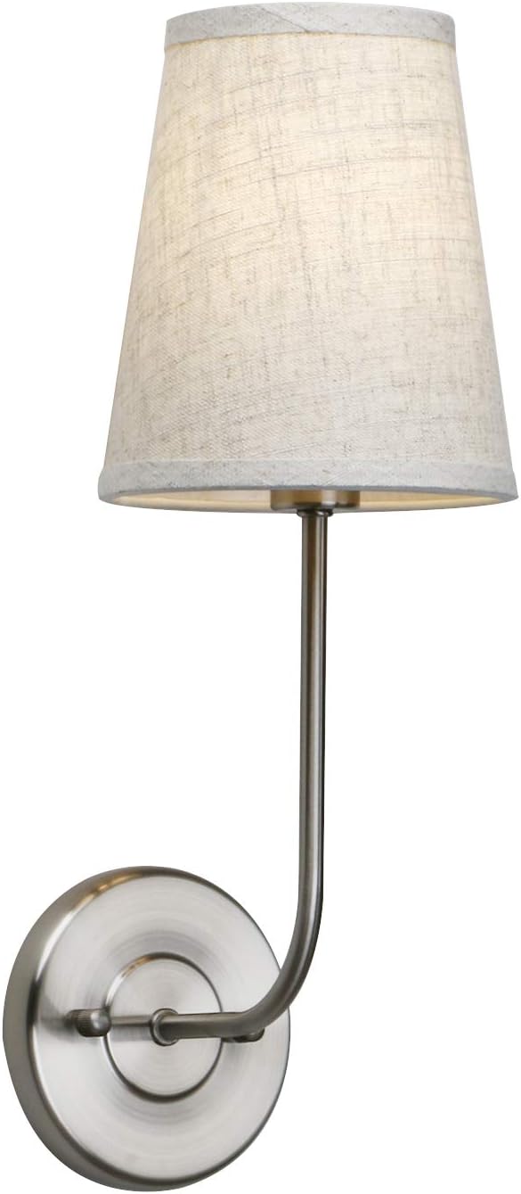 Permo Single Classic Rustic Industrial Wall Sconce Light Fixture with Flared Funnel Linen Fabric Shade Nightstand Lamps for Bedrooms Bedside Reading (Brushed)