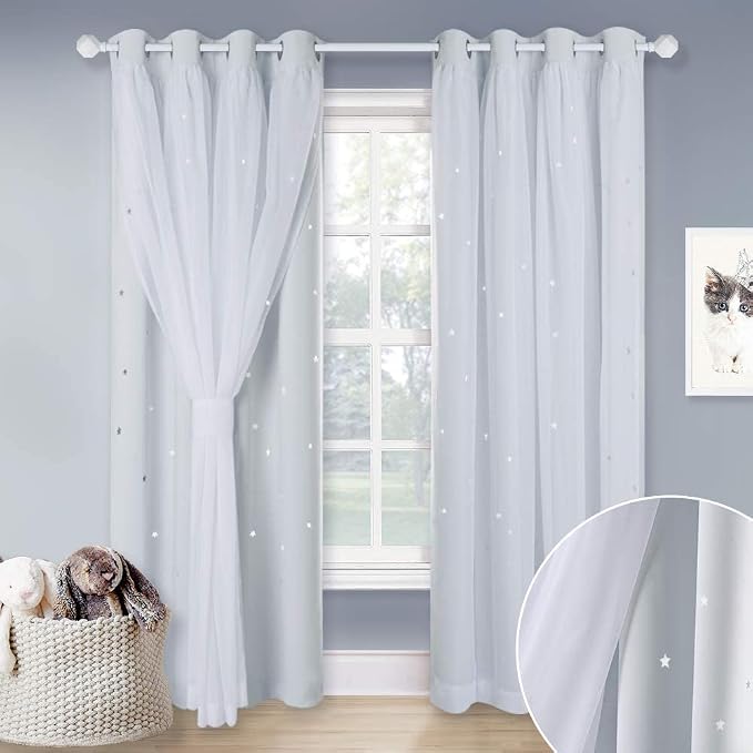 NICETOWN Thermal Insulted Bedroom Curtains, Star Cut Layered Blackout Window Treatment Curtains with Sheer for Thanksgiving (Greyish White, 52W by 95L, 1 Pair)