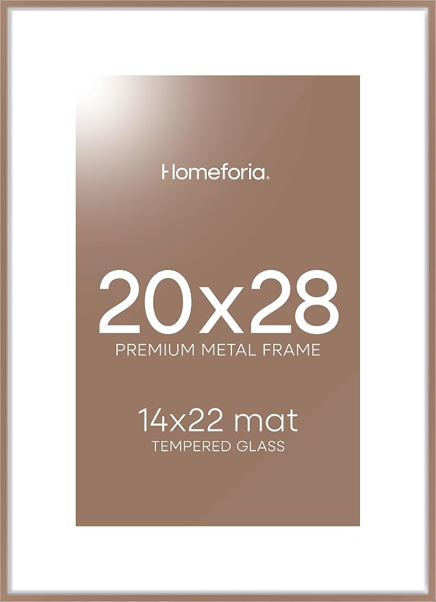 Homeforia 20 x 28 Picture Frame Mocha, High End Metal 20x28 Poster Frames with Mat 14x22 for Photo, 20 x 28 Mocha Frame Matted to 14 x 22 Print, 28x20 Hanging Frame, Tempered Glass, Wall Kit, Set of 1