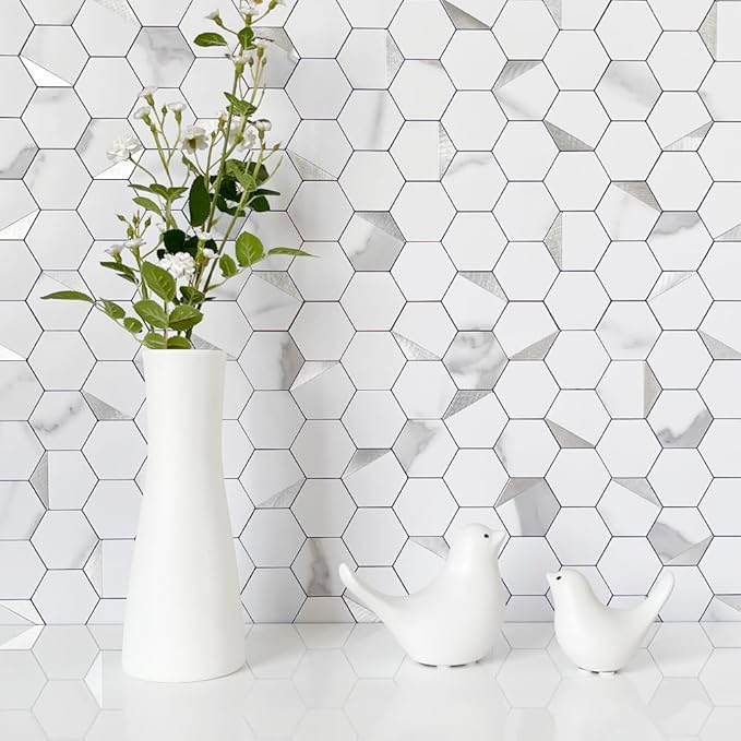 DICOFUN 1 Sheet Hexagon Tile Peel and Stick Backsplash, White Marble Look PVC Mixed Silver Metal Mosaic Tiles for Kitchen and Bathroom