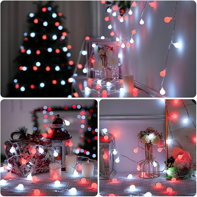 JMEXSUSS Connectable 100 LED Globe Red and White Christmas Lights Indoor | Globe String Lights Plug in with Remote, 33 ft 8 Modes Christmas Lights Outdoor for Bedroom Room Party Christmas Decor