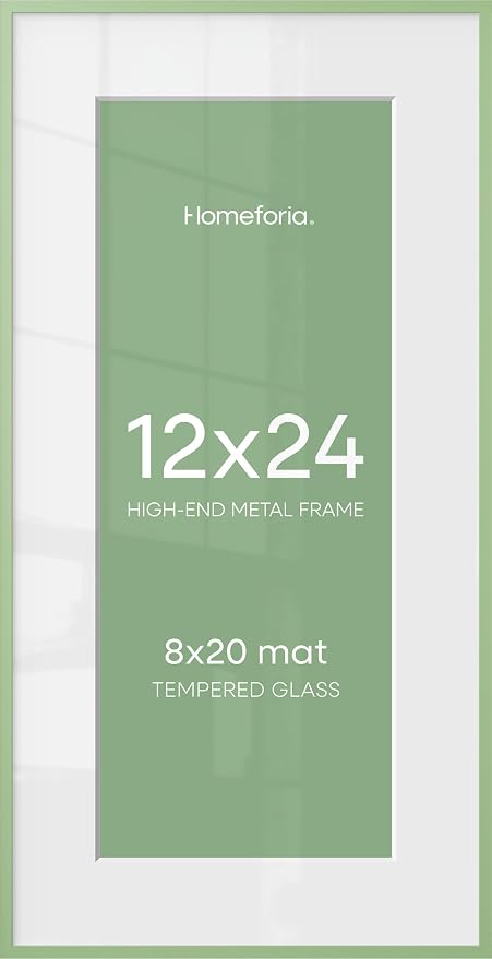 Homeforia 12x24 Sage Green Picture Frame, High End Metal 12x24 Poster Frames with Mat 8x20 Photo, 12 x 24 Green Frame Matted to 8 x 20 Print, 24x12 Panoramic Frames, Tempered Glass, Wall Kit, Set of 1