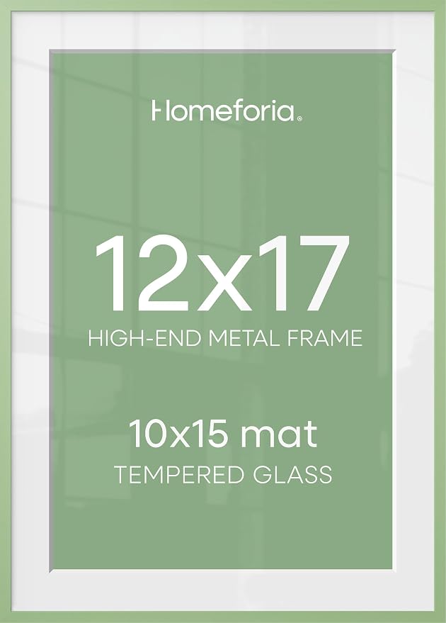 Homeforia 12x17 Picture Frame Sage Green, High End Metal 12x17 Poster Frames with Mat 10x15 Photo, 12 x 17 Sage Green Frame Matted to 10 by 15 Art, 17x12 Thin Frame, Tempered Glass, Wall Kit, Set of 2