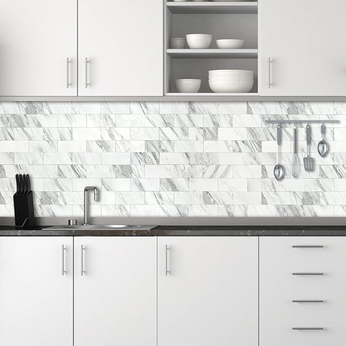 AULIGET 4-Piece White Marble Look Peel and Stick Backsplash Wall Tiles, 3" x 6" PVC Faux Stone Stick on Tile for Backsplash Kitchen, Bathroom, Laundry Room, Camper, Fireplace