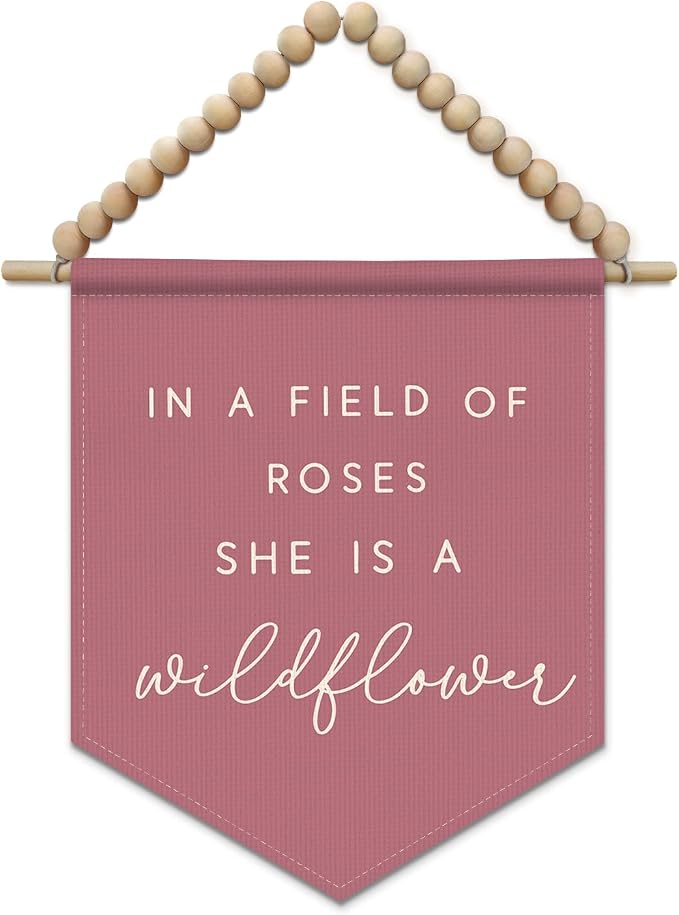 SJDFCSA Pink Girl Nursery Wall Art Decor, Wildflower Nursery Decor, in a Field of Roses She Is a Wildflower Boho Wall Hanging Display Pennant Flag for Baby Girls Toddler Kids Room Bedroom Playroom