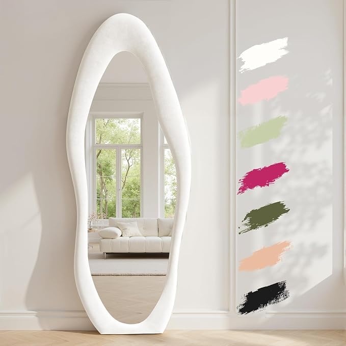 Dewfig Full Length Mirror, 63" x 24"Irregular Mirror, Large Floor Length Mirrors Wall Mounted, Standing Mirrors with Flannel Wrapped Wooden Frame for Bedroom/Living Room, White