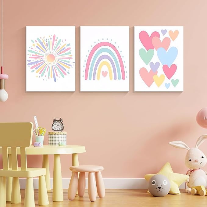 3 Piece Toddler Girl Room Decor Rainbow Decor for Girls Bedroom 12x16 Inch | Colorful Boho Sunshine Paintings for Nursery Decor, Kids Room Wall Decor, Classroom Decoration