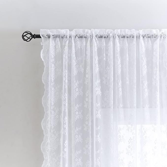 YJ YANJUN Vintage Lace Curtains 63 Inches Length- Elegance Floral White Sheer Curtain Panels for Living Room Bedroom, Rod Pocket Light Filtering, Country Cottage Core Drapes 2 Panels 52W x 63L
