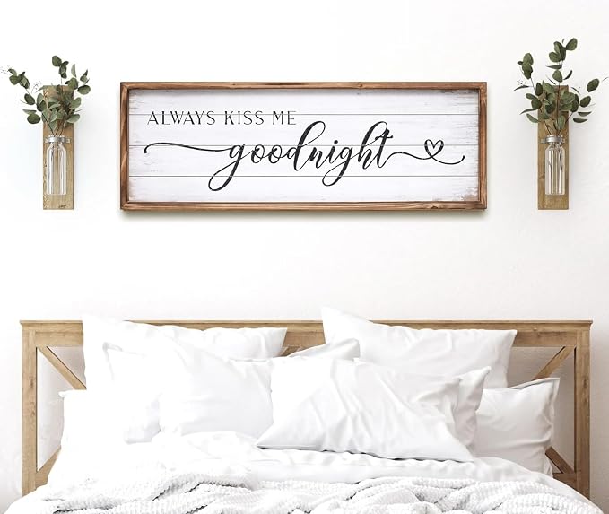 Large Above Bed Wall Decor Bedroom Sign Bedroom Decor with Solid Wood Frame for Couples, Always Kiss Me Goodnight Sign for Bedroom, Love Theme Wall Decor 42''×15''