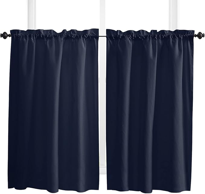 54 Inch Long Tier Curtains for Kitchen, Solid Color Dark Blue Bathroom Window Curtains Rod Pocket Short Curtains Window Treatment Tiers for Living Room Farmhouse 2 Panels