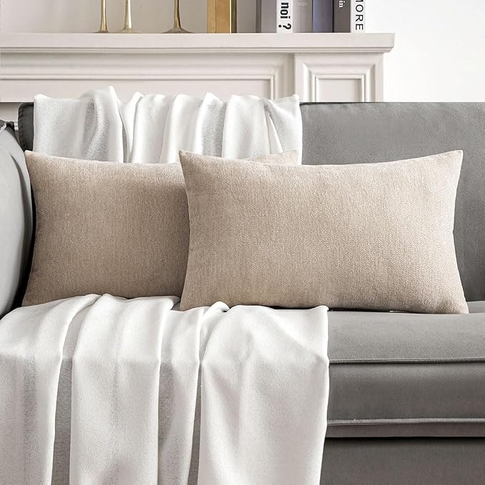 MIULEE Pack of 2 Beige Decorative Pillow Covers 12x20 Inch | Soft Chenille Couch Throw Pillows Farmhouse Cushion Covers for Home Decor Sofa Bedroom Living Room