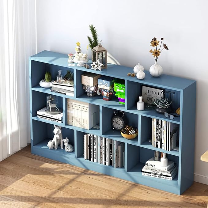 IOTXY Open Shelf Low Bookcase - Wooden 3-Tier Cube Bookshelf, Bright Blue | MDF Material, Stable Raised Base, 10 Storage Cubby Display, Horizontal Short Shelf Unit, Scandinavian Minimalist Organizer