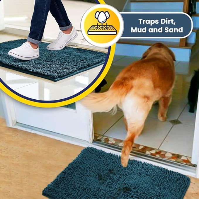 Muddy Mat® | Super Water Absorbent Door Mat Indoor, Microfiber Quick Dry Chenille Entryway Rug,Slip Resistant Front Door Mat,Indoor Mats for Entryway,Machine Washable Pet Rug, Atlantic Blue 24"x36"