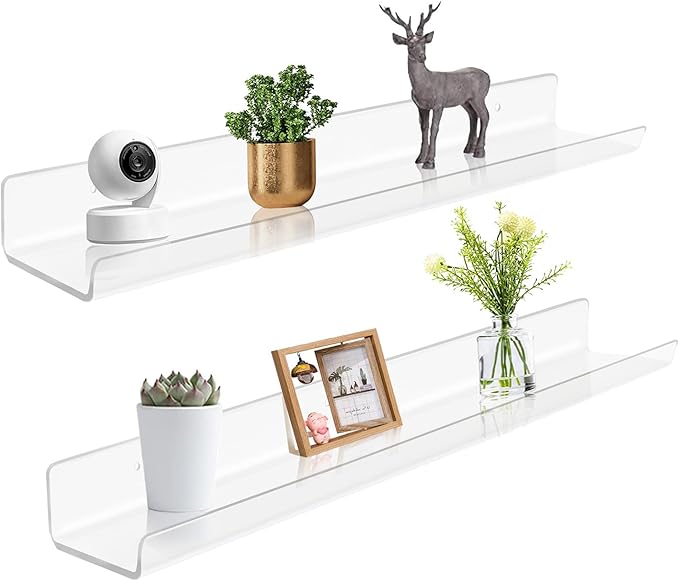 ROYALITA 24 Inches Acrylic Floating Book Shelves Wall Mounted Set of 2, Wall Hanging Plant Display Shelves, Room Decor Floating Wall Shelves for Gaming Room, Bedroom, Living Room, Office, Clear