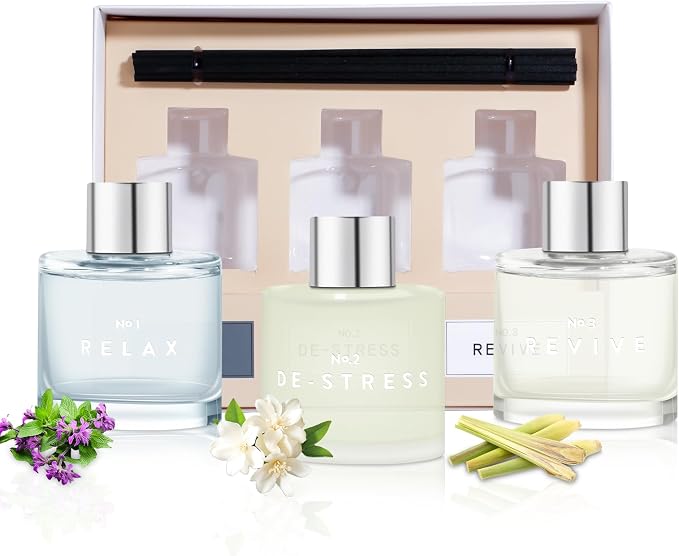 3 Pack Fragrance Reed Diffuser, 50ML Patchouli Jasmine Lemongrass Aromatherapy Diffuser Set with 12 Black Fiber Sticks,Air Freshener for Bedroom Bathroom Office