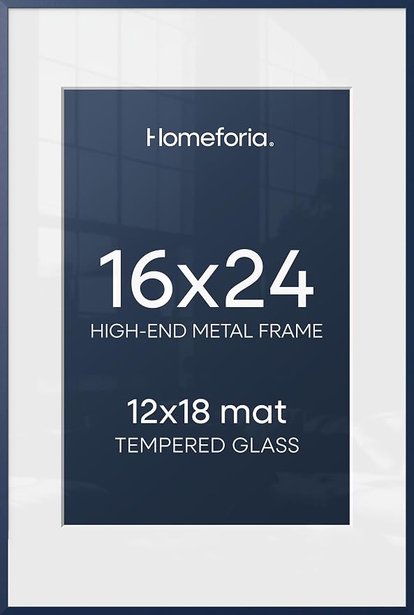 Homeforia 16x24 Navy Blue Picture Frame, High End Metal 16x24 Poster Frames with Mat 12x18 inch Photo, 16 x 24 Navy Blue Frame Matted to 12 by 18 Print, 24x16 Frame, Tempered Glass, Wall Kit, Set of 1