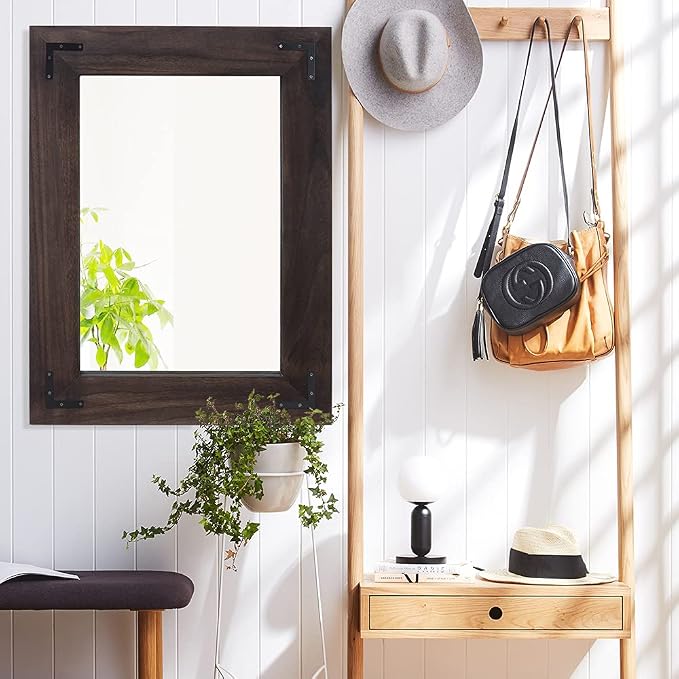 YOSHOOT Rustic Wooden Framed Wall Mirror, Natural Wood Bathroom Vanity Mirror for Farmhouse Decor, Vertical or Horizontal Hanging