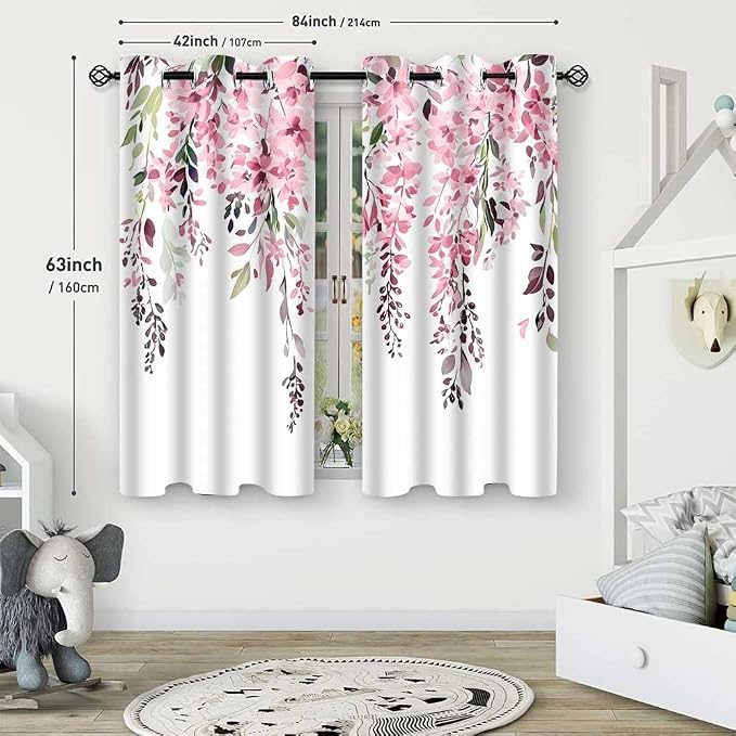 Pink Watercolor Floral Curtains, 42x63 inch, 2 Panels | Botanical Leaves Vine Flowers, Rustic Farmhouse, Blackout Window Treatment Drapes, For Bedroom Living Room