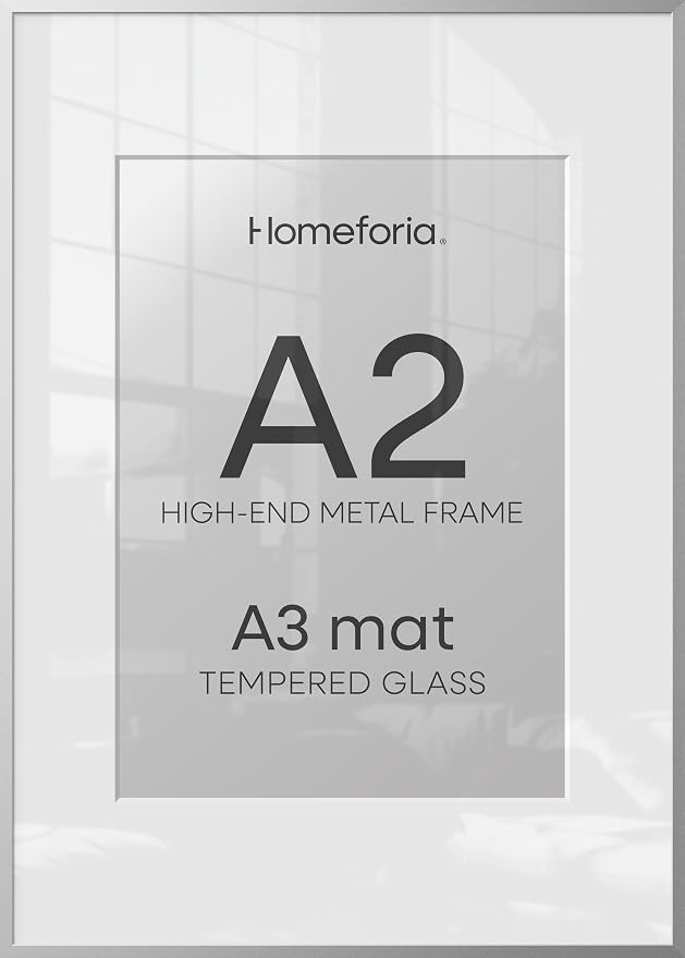 Homeforia A2 Poster Frame Silver, High End Metal A2 Picture Frames Silver with Mat A3 Print, 16.5x23.4 Frames Matted to 11.7x16.5 Photo, 16.5 by 23.5 Hanging Frames, Tempered Glass, Wall Kit, Set of 3