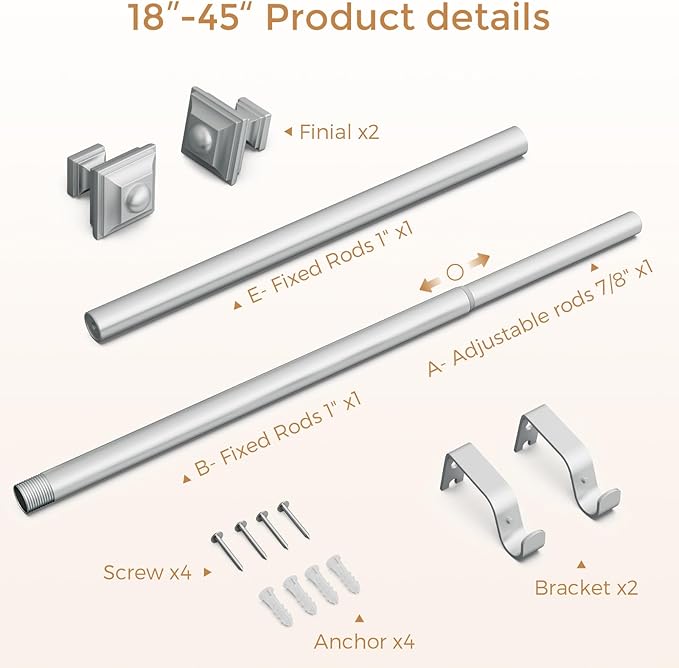 Silver Curtain Rod for Windows 18-45 Inches, 1 Inch Heavy Duty Adjustable Drapery Pole, Modern Window Treatment Rod with Decorative Square Finials, Easy Installation