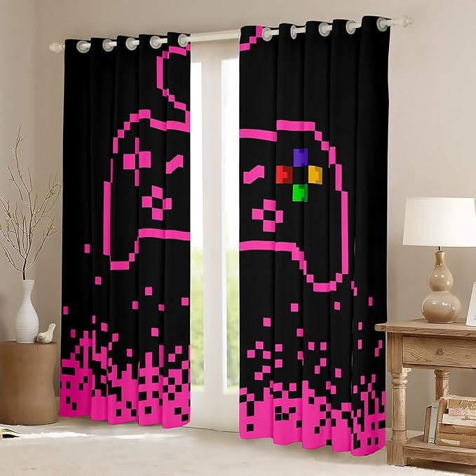Castle Fairy Gamepad Window Curtain,Pixel Miners Games Blackout Window Treatment,Kids Girls Teens Pink Plaid Patchwork Bedroom Curtains Modern Fashion Living Room Decor Top 2 Panels,38Wx54L