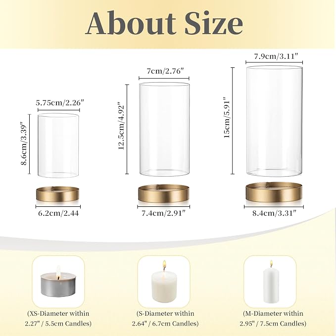 Hewory Hurricane Candle Holder for Pillar Candles: Gold Votive Candle Holders Set of 3, Glass Hurricane with Metal Candle Plate, Pillar Candle Holder for Table Centerpiece Wedding Holiday Home Decor