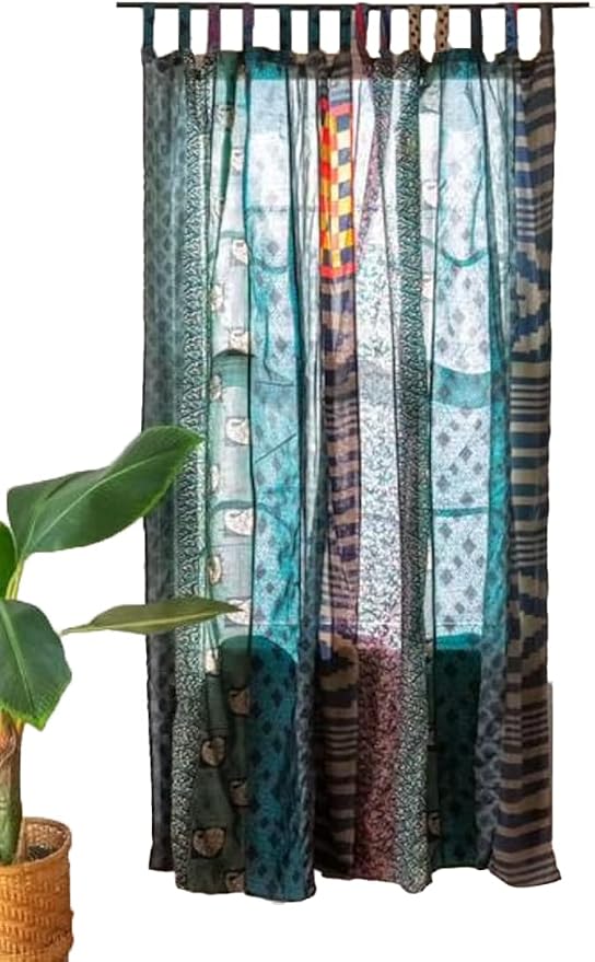 Rajbhoomi Sari Colorful Curtains Light-Filtering – Boho Curtains, Bed Canopy Panel, Tapestry or Window Treatment Blue Color (84 X 43 Inches)