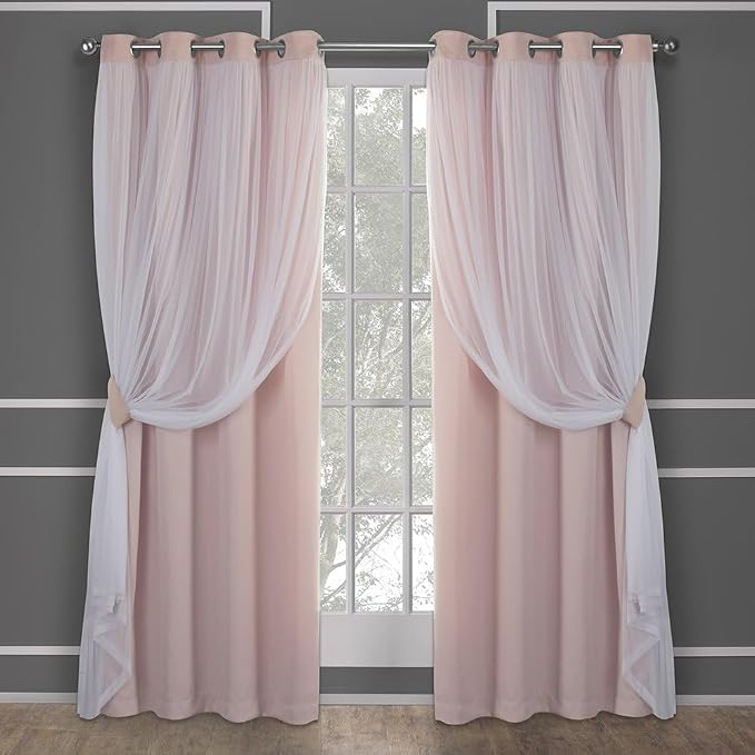 TOWN & COUNTRY LUXE Talia Double Layer Indoor Curtains,Sheer and Room Darkening Blackout,Grommet Top,Energy Efficient Set, Rose Blush,52" W x 84" L (Pack of 12)