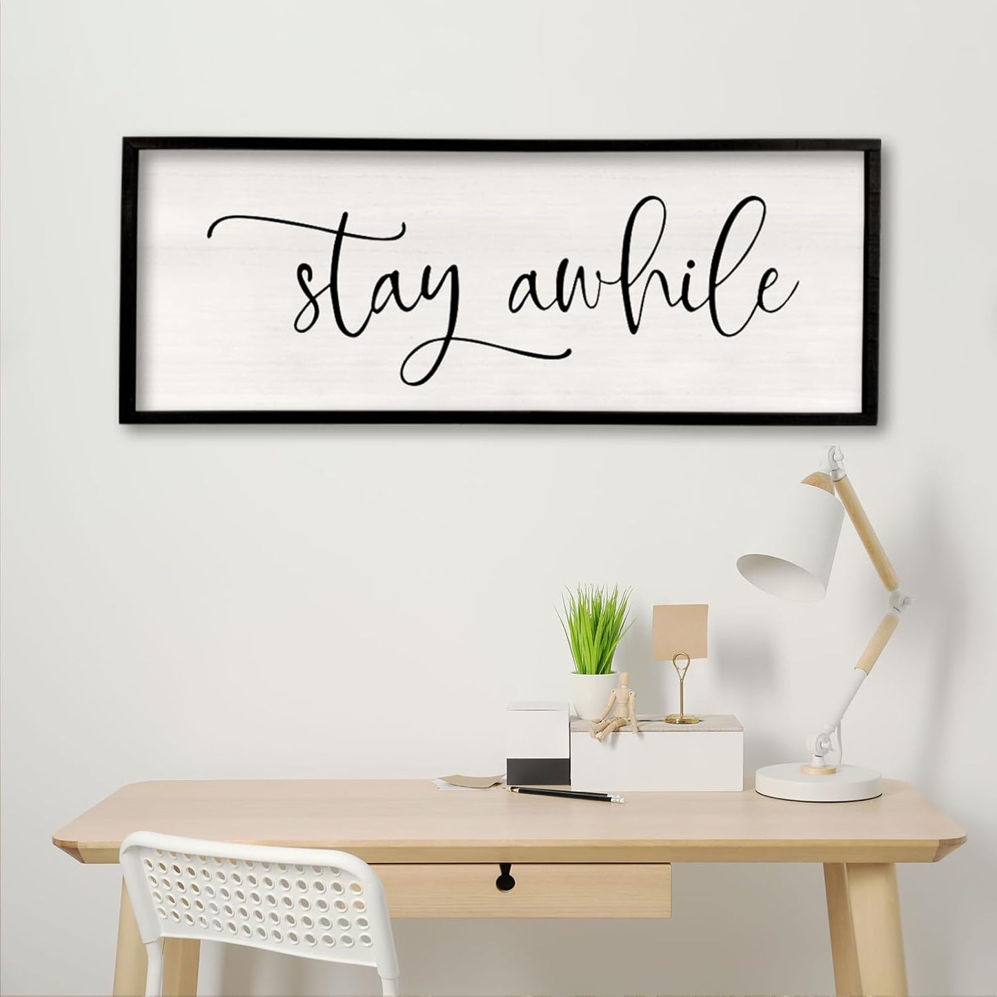 Stay AWhile Sign Wall Decor Sign 40"X15" Large Living Room Entryway Wood Framed Rustic Wall Decor for Vintage Farmhouse Foyer Hanging Lets Stay Home Wall Art (Black)