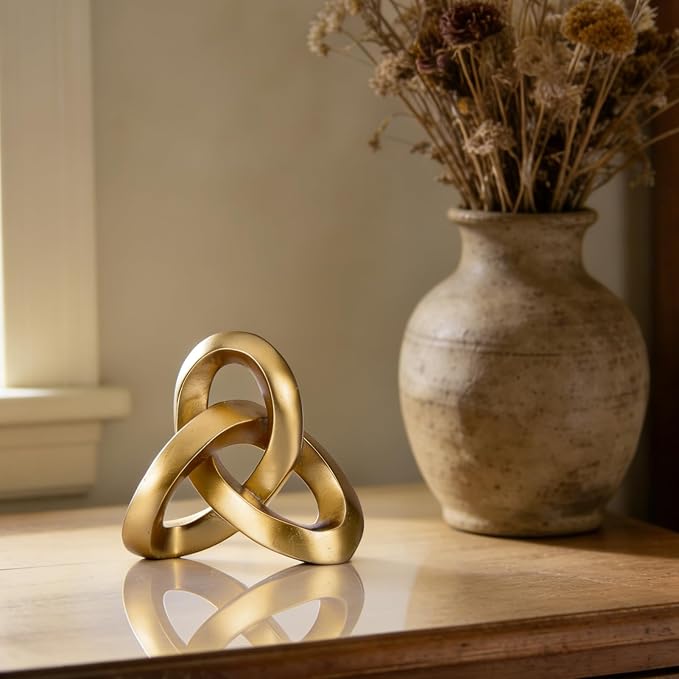 Modern Gold Knot Sculpture Decor – Abstract Geometric Tabletop Statue for Coffee Table, Bookshelf & Mantel, Contemporary Gold Decorative Accent for Living Room