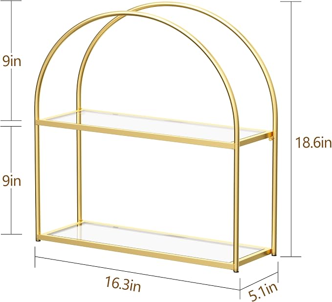 Crofy 2-Tier Arched Wall Shelf with Gold Frame & Transparent Shelves | Sturdy Tempered Clear Glass Shelves with Ample Storage Space; Decor for Living Room, Bath, Kitchen, Vanity & Home Office