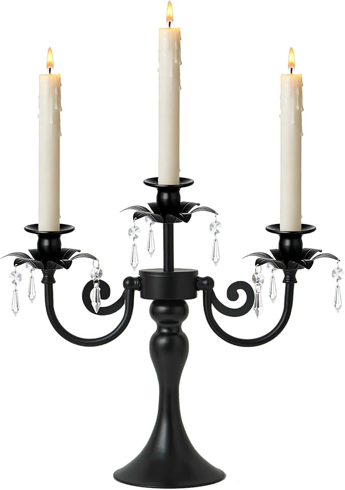 Metal 3 Arm Candelabra with Crystal Pendants - 11.8 Inch Tall Candle Holders, Elegant Taper Candlestick Stand for Wedding, Dining Table, Christmas Party Home Decoration (1pc, Black)