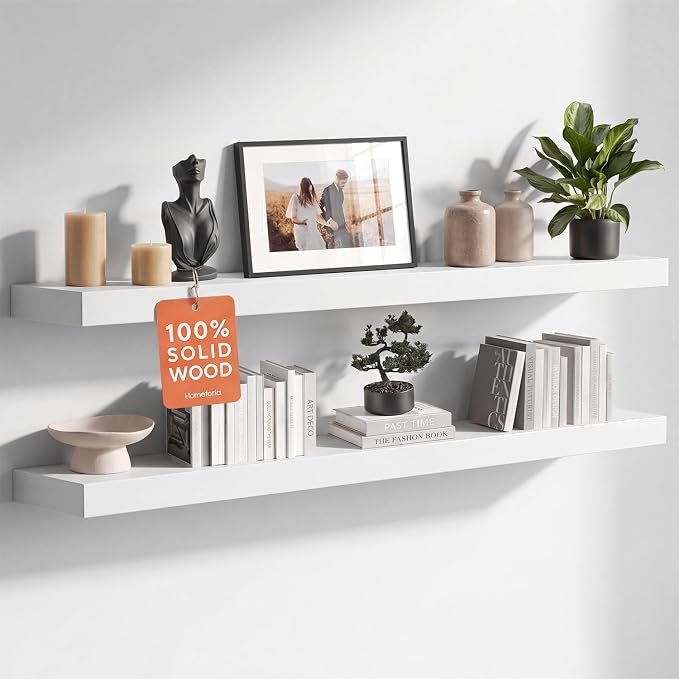 Homeforia White Floating Shelves 42 inch, High End Solid Real Wood 42inch Floating Shelf for Wall Mounted, White Wooden 42in Long Floating Shelves, Heavy Duty Bracket, 42 X 6.5 X 1.75 inches, Set of 2