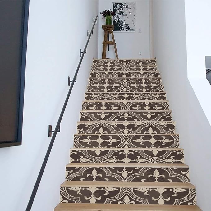 REDAMANCY Vintage Beige Dark Brown Damask Flower Peel and Stick Vinyl Stair Riser Decals Staircase Tile Stickers Decor Modern Marble Decoration Self-Adhesive(14 Pcs)