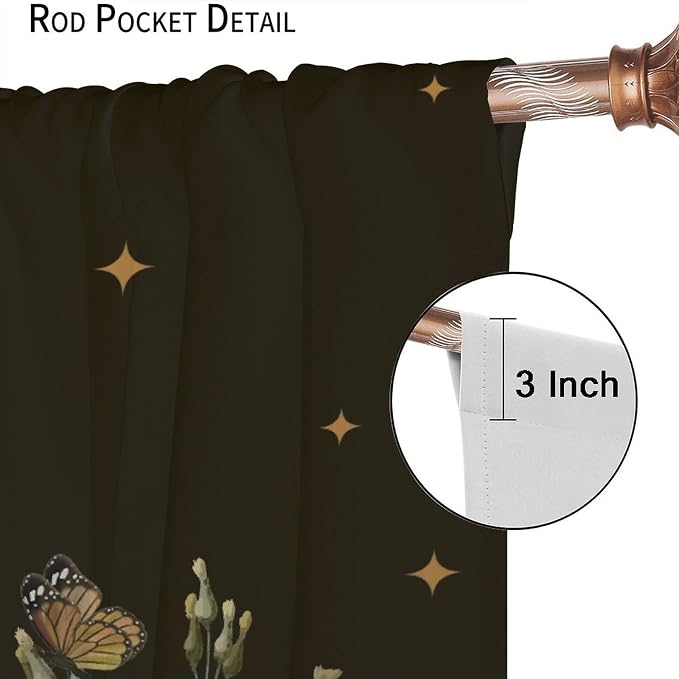 Wild Mushroom Blackout Curtains,Retro Floral Plants Boho Moon Star Window Drapes,Butterfly Botanical for Living Room Kitchen Bedroom,Black Background 42x45 Inch