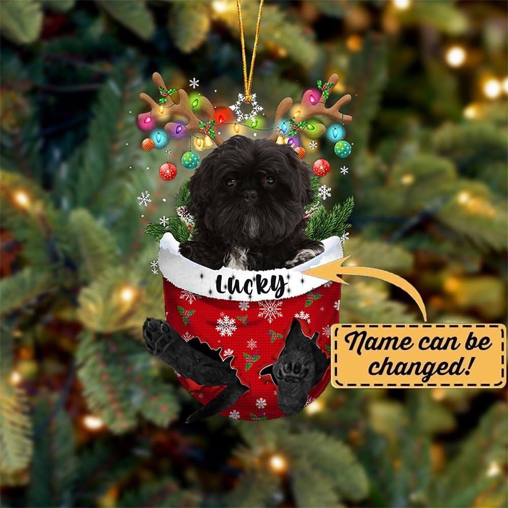 Black Shih Tzu Dog Christmas Ornament, Black Shih Tzu in Snow Pocket Christmas Tree Ornament, Dog Lovers Gift Idea Xmas Decor, Christmas Decorations for Tree, Christmas Ornament Gift for Dog Lovers