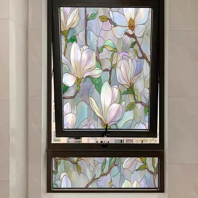 Vintage Magnolia Flower Privacy Window Film, Elegant White Floral Frosted Self-Adhesive Vinyl Cling for Glass Doors Bathroom Windows Sun Blocking Heat Control, 35.4Wx55.1L inch
