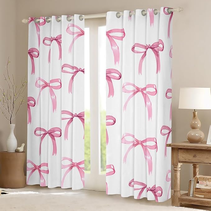 Feelyou Bow Room Darkening Blackout Curtain Boys Girls (2 Panels, 52 x 96 Inch) Cute Bowknot Curtains for Bedroom Living Room Pink Girls Bow Blackout Curtains Kawaii Bow Window Treatments