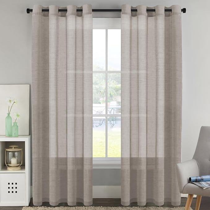 H.VERSAILTEX Linen Curtains Flax Linen Blended Curtain Panels for Living Room/Bedroom Semi Sheer Privacy Curtains 102 inch Length 2 Panels Set Nickel Grommet Window Drapes, Taupe